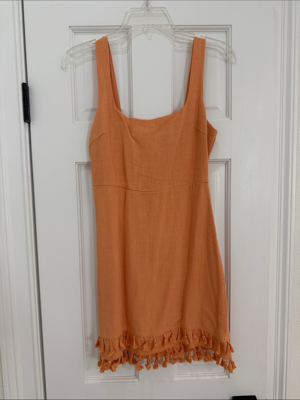 Lulu's Coral-Orange Tassel-Hem Mini Dress